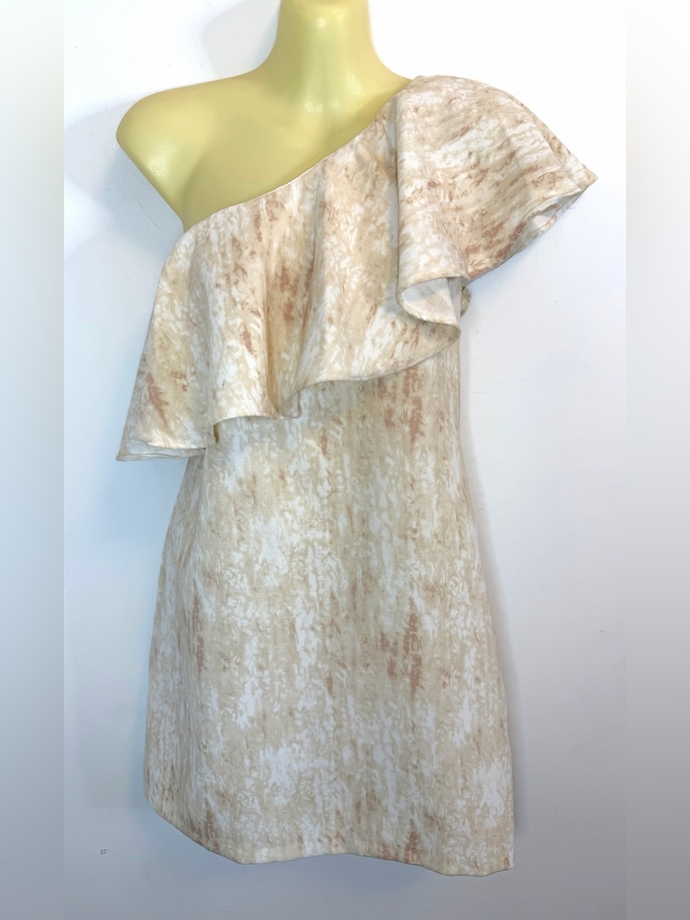 BCBGeneration One-Shoulder Ruffle Dress in Cream and Tan